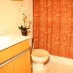 A view of a white bathroom with an orange shower curtain